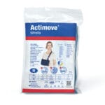Actimove Mitella Eco Arm Sling package — clear plastic bag with Actimove Mitella branding and woman wearing a dark blue arm sling