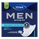 TENA Men Level 1 Light Incontinence Pads (24-pack) — pack of twenty-four thin TENA Men Level 1 incontinence pads with adhesive tape and anatomical scoop shape for men with drip and light leakage