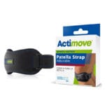 Black Actimove Sports Edition patella strap beside its white and blue retail box
