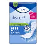 TENA Discreet Extra pack in blue showing the pad and the instaDRY zone mark
