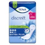 TENA Discreet Extra Plus pack in blue showing the pad and the instaDRY zone mark