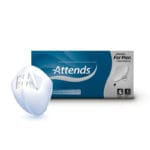 Attends For Men 1 Light Incontinence Pads — single white cup-shaped male pad showing the absorbent core and fixation tape, with the blue Attends For Men 25-pack box behind