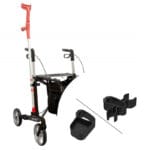 Rehasense Cane Holder for Athlon and Server — close-up of the two-part black plastic holder shown alongside a black Athlon rollator with a red crutch fitted into the holder