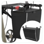 Rehasense Magnetic Lock Bag for Server and Athlon — black canvas bag hanging under a folded rollator seat with a red magnetic clip strip across the top, plus an inset close-up showing the two top hooks