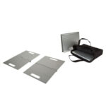 Two grey aluminium threshold ramp plates with ribbed surface, one folded, and a black carry bag
