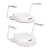 Two white Etac Hi-Loo toilet raisers with armrests, one 6 cm and one 10 cm high