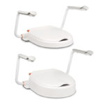 Two white Etac Hi-Loo toilet raisers with armrests, one 6 cm and one 10 cm high