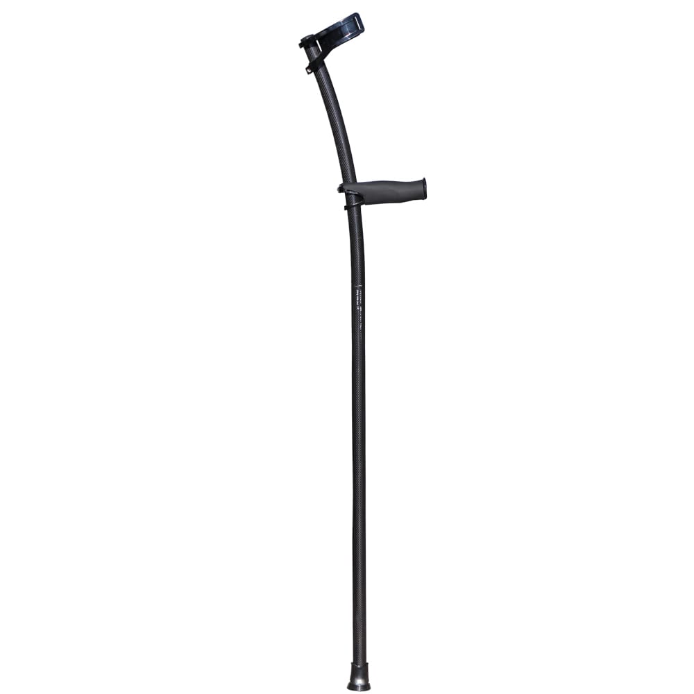 INDESmed carbon fibre forearm crutch with open cuff, seen from the side