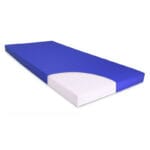 Blue care bed mattress with a corner of the cover pulled back to show white foam