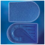 Mediroyal heel spur wedge — clear viscoelastic polymer heel insert shown top and bottom view