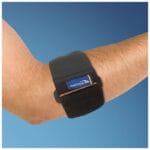 Mediroyal SRX Tennis Elbow Strap — black tennis elbow strap with built-in pad under the hook-and-loop closure that gives point pressure on the forearm muscle