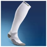 Mediroyal SRX compression stocking — white knee-length bamboo sport stocking with SRX logo and grey foot reinforcement
