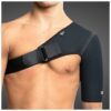 Black Mediroyal SRX shoulder support worn on a left shoulder seen from the front