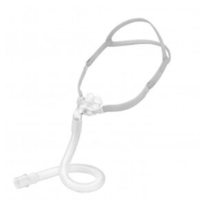 The same mask at an angle showing the quick-release connector on the tube