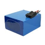 Blue shrink-wrapped Timago battery pack with a two-pin connector on red and black leads