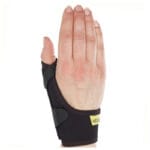 Black Vission short thumb orthosis worn on a hand, palm view