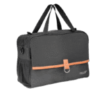 Trust Care Lets Go Out bag in black canvas with a tan leather trim and carry handles