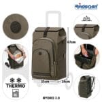 Diagram of the olive Hydro 3.0 bag with measurements 35 x 67 x 24 cm