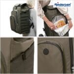 Four photos of the olive Hydro 3.0 bag carried as a backpack and loaded with chilled food