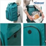 Four photos of the petrol Hydro 3.0 bag carried as a backpack and loaded with chilled food