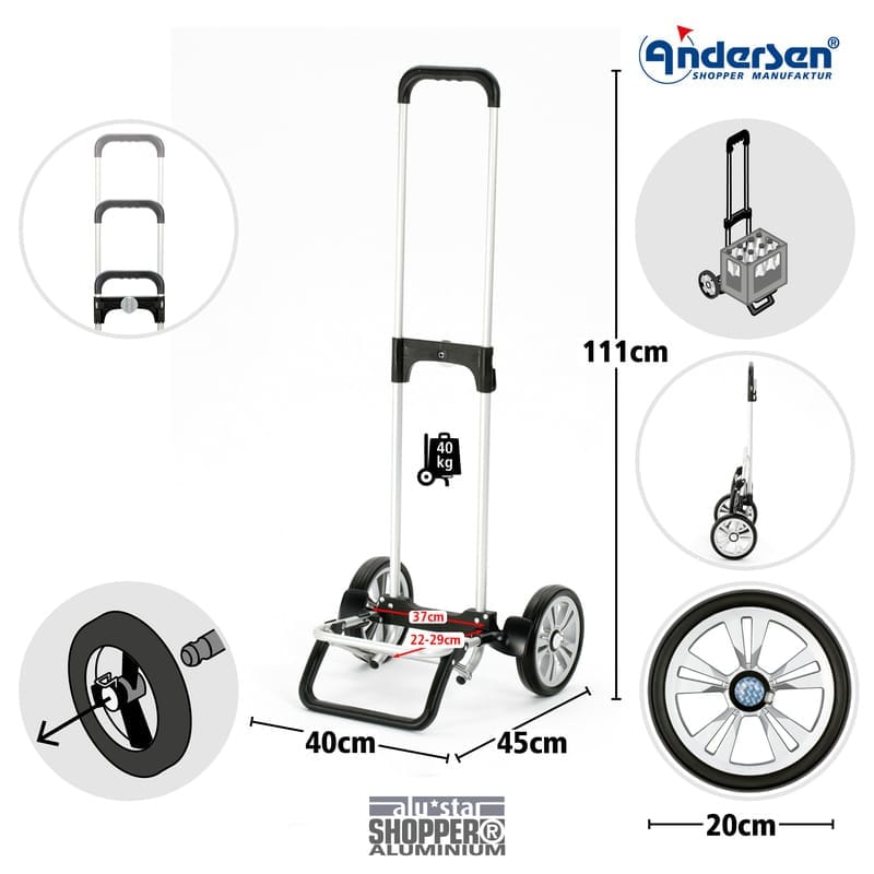 Diagram of the Andersen Alu Star chassis with measurements and load rating