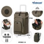 Diagram of the olive Hydro 3.0 bag with measurements 35, 67 and 24 cm