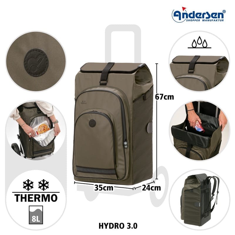 Diagram of the olive Hydro 3.0 bag with measurements 35, 67 and 24 cm