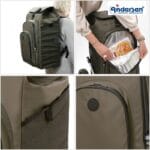 Four photos of the olive Hydro 3.0 bag worn as a rucksack and with the thermo compartment open
