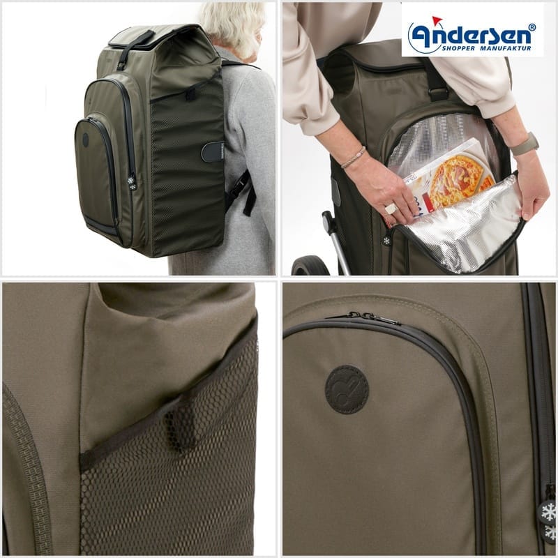Four photos of the olive Hydro 3.0 bag worn as a rucksack and with the thermo compartment open