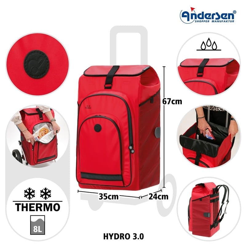 Diagram of the red Hydro 3.0 bag with measurements 35, 67 and 24 cm