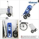 Four photos of the Royal chassis hung on a shopping cart, carrying crates, folded and behind a bicycle