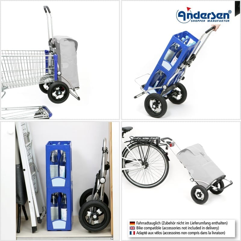 Four photos of the Royal chassis hung on a shopping cart, carrying crates, folded and behind a bicycle