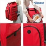 Four photos of the red Hydro 3.0 bag worn as a rucksack and with the thermo compartment open