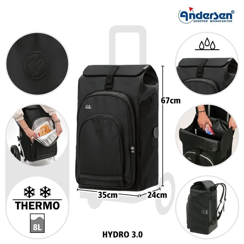 Diagram of the black Hydro 3.0 bag with measurements 35, 67 and 24 cm