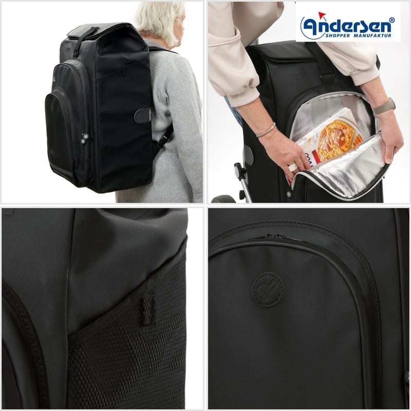 Four photos of the black Hydro 3.0 bag worn as a rucksack and with the thermo compartment open