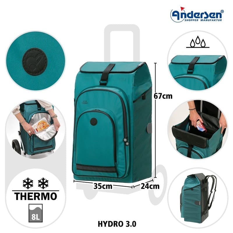 Diagram of the petrol Hydro 3.0 bag with measurements 35, 67 and 24 cm
