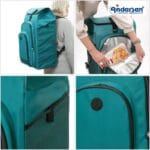 Four photos of the petrol Hydro 3.0 bag worn as a rucksack and with the thermo compartment open