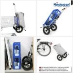 Four photos of the Royal chassis hung on a shopping cart, carrying crates, folded and behind a bicycle