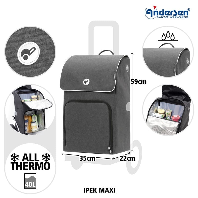 Diagram of the anthracite IPEK Maxi bag with its measurements
