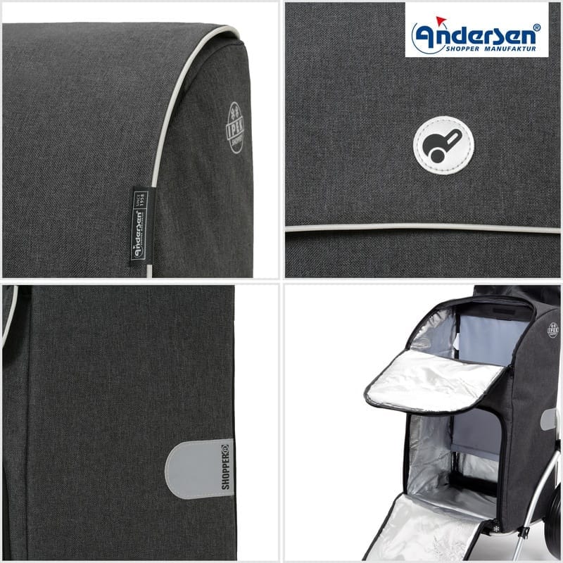 Four detail photos of the anthracite Andersen IPEK Maxi bag