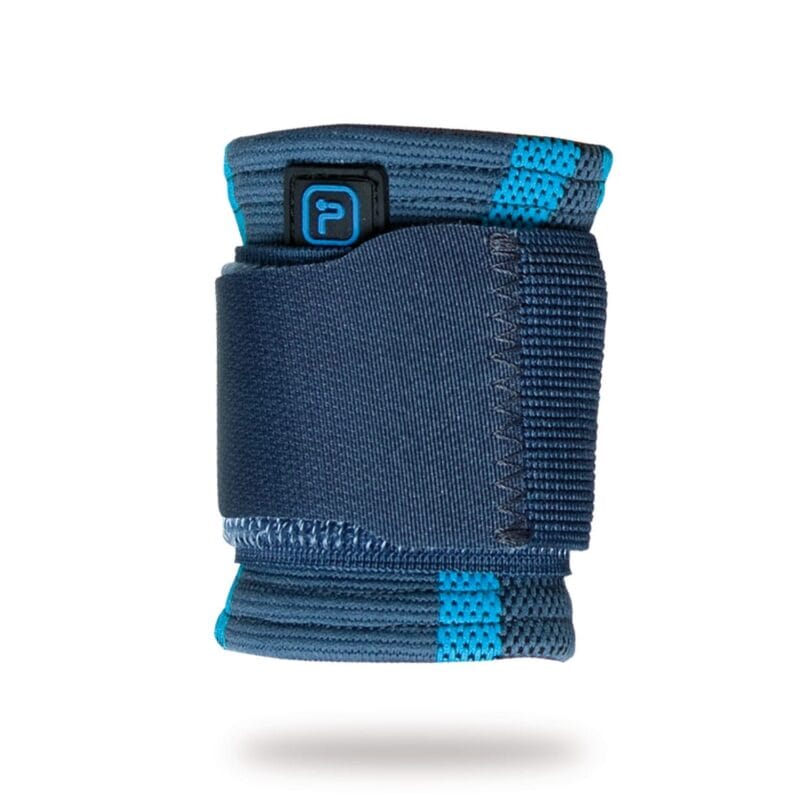 Blue knitted Aqtivo Elastic wrist brace with a wide adjustable compression strap