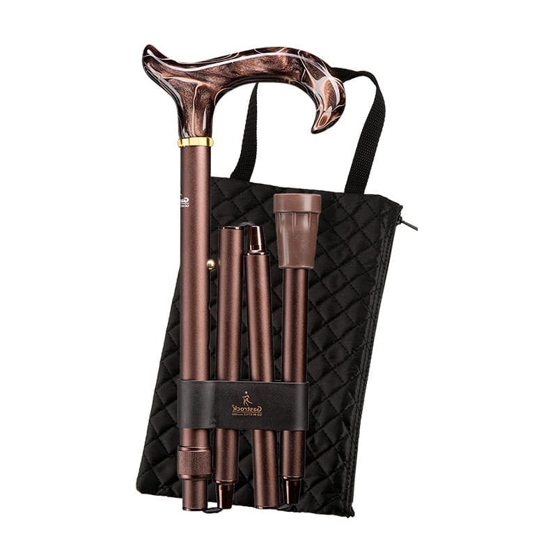 Gastrock Folding Walking Cane Pearl Bronze Gastrock Folding Walking Cane Pearl Bronze — 4-piece folding aluminium walking cane with derby grip in bronze pearl acetate and quilted bag