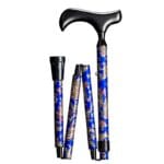 Gastrock Folding Walking Cane Paisley Blue — 4-piece folding aluminium travel cane with derby grip in hardwood and ornamental blue paisley pattern