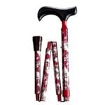 Gastrock Folding Walking Cane Flora Red — 4-piece folding aluminium travel cane with derby hardwood grip and red floral pattern