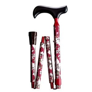 Gastrock Folding Walking Cane Flora Red — 4-piece folding aluminium travel cane with derby hardwood grip and red floral pattern
