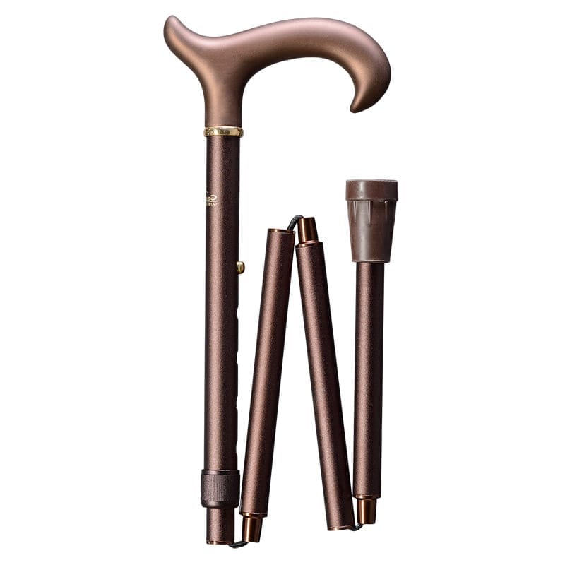 Gastrock Folding Walking Cane Derby Bronze Gastrock Folding Walking Cane Derby Bronze — Elegant folding aluminium walking cane with soft acetate derby grip on bronze satin shaft