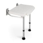 White Timago wall-mounted shower stool with a dimpled PVC seat and two aluminium legs