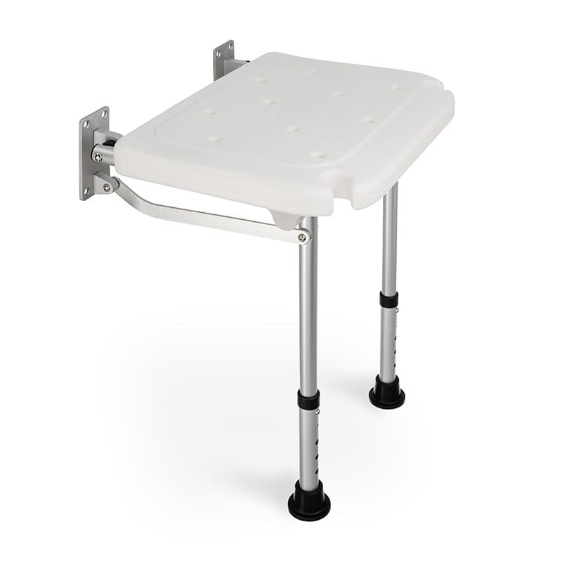 Timago wall-mounted shower stool folded down White Timago wall-mounted shower stool with a dimpled PVC seat and two aluminium legs