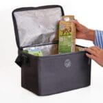 Insulated lining Open bag with insulated reflective lining and a milk carton inside