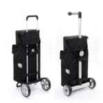 Mounted on a folding trolley The bag mounted on top of a folding shopper frame, seen from the front and the back